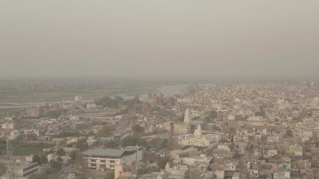 "Madana Mohana" temple in Vrindavan, India, 4k aerial ungraded/flat