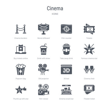 set of 16 vector icons such as theater ticket, cinema snack bar, film viewer, thumb up with star, cinema chair, 3d text, old projector, popcorn bag from cinema concept. can be used for web, logo,