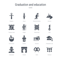 set of 16 vector icons such as garland, sash, theater, graduated, graduation cap, pictures, lectern, punch bowl from graduation and education concept. can be used for web, logo, ui\u002fux