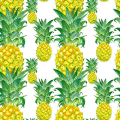 Fototapeta premium Summer seamless pattern with tropical pineapple fruits. Watercolor tropical hawaiian print.