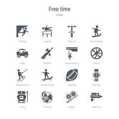 Obraz premium set of 16 vector icons such as water gun, billiard, traveling, hiking, watches, rugby ball, skateboarding, wakeboarding from free time concept. can be used for web, logo, ui\u002fux