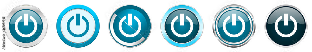Aufkleber power silver metallic chrome border icons in 6 options, set of web blue round buttons isolated on wh