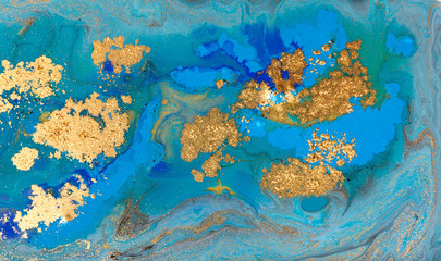 Fototapeta premium Blue marbling pattern. Golden marble liquid texture.