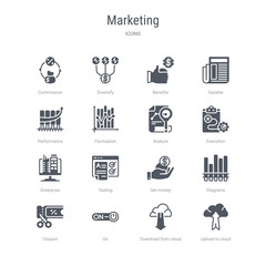 set of 16 vector icons such as upload to cloud, download from cloud, on, coupon, diagrams, get money, testing, enterprise from marketing concept. can be used for web, logo, ui\u002fux