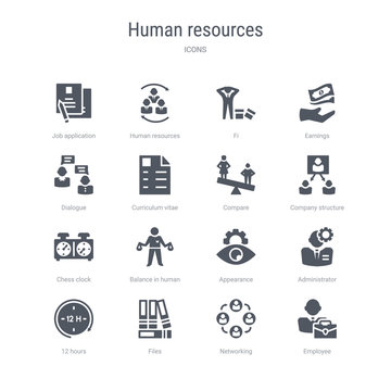 set of 16 vector icons such as employee, networking, files, 12 hours, administrator, appearance, balance in human resources, chess clock from human resources concept. can be used for web, logo,
