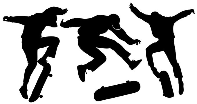 Silhouettes of teenagers jumping on a skateboard