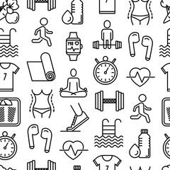 Fitness seamless pattern with thin line icons of running, dumbbell, waist, healthy food, swimming pool, pulse, wireless earphones, sportswear, yoga. Modern vector illustration.
