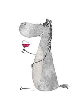 Cute horse with glass of wine