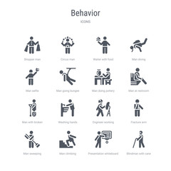 set of 16 vector icons such as blindman with cane, presentation whiteboard, man climbing, man sweeping, fracture arm, engineer working, washing hands, man with broken leg from behavior concept. can