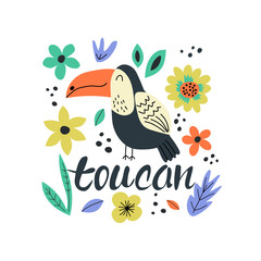 Hand drawn colorful toucan with flowers. Toucan - word with cute design. Scandinavian style design. Vector illustration