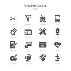 set of 16 vector icons such as workflow,  , brainstorming, color palette, sketch, typography, deadline, sketching from creative pocess concept. can be used for web, logo, ui\u002fux