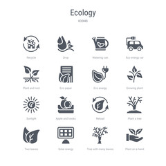 set of 16 vector icons such as plant on a hand, tree with many leaves, solar energy, two leaves, plant a tree, reload, apple and books, sunlight from ecology concept. can be used for web, logo,