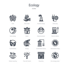set of 16 vector icons such as eco energy power, recycling, tree with hearts, global recycling, renewable energy, sustainable factory, energy, sustainability from ecology concept. can be used for