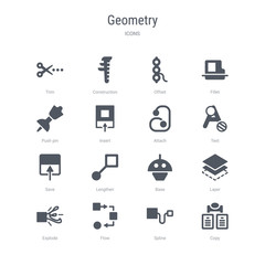 set of 16 vector icons such as copy, spline, flow, explode, layer, base, lengthen, save from geometry concept. can be used for web, logo, ui\u002fux