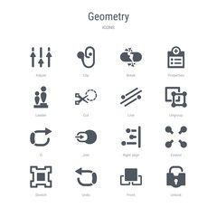 set of 16 vector icons such as unlock, front, undo, stretch, extend, right align, join, o from geometry concept. can be used for web, logo, ui\u002fux