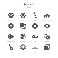 set of 16 vector icons such as 3d cube, angle, asterisk, diameter, dimensions, disk, dodecahedron, double hexagon of small triangles from geometry concept. can be used for web, logo, ui\u002fux