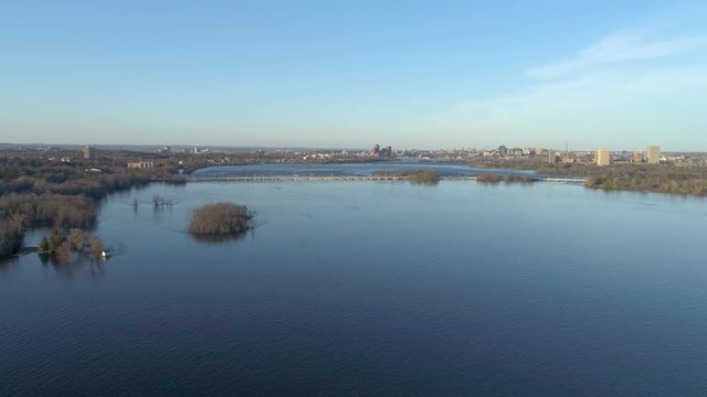 View from Champlain bridge of downtown Ottawa during the 2019 flood.