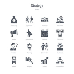 set of 16 vector icons such as collaboration, growth, analysis, award, customer, presentation, planning, question from strategy concept. can be used for web, logo, ui\u002fux