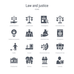 set of 16 vector icons such as custody, diplomacy, divorce, employment, employment law, environmental law, escape, guilty from law and justice concept. can be used for web, logo, ui\u002fux