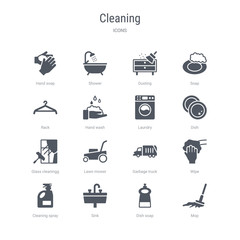 set of 16 vector icons such as mop, dish soap, sink, cleaning spray, wipe, garbage truck, lawn mower, glass cleaningg from cleaning concept. can be used for web, logo, ui\u002fux