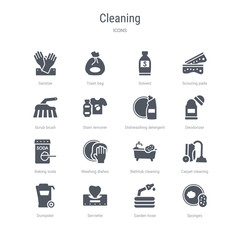 set of 16 vector icons such as sponges, garden hose, serviette, dumpster, carpet cleaning, bathtub cleaning, washing dishes, baking soda from cleaning concept. can be used for web, logo, ui\u002fux