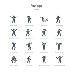set of 16 vector icons such as accomplished human, aggravated human, alive human, alone amazed amazing amused angry from feelings concept. can be used for web, logo, ui\u002fux