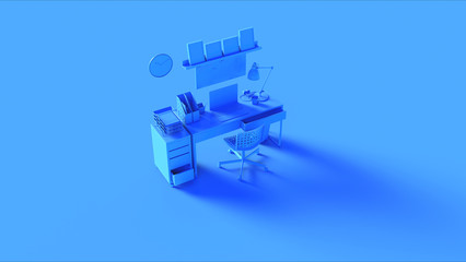 Blue Contemporary Home Office Setup with Set of Draws Shelf Picture Frames Laptop an Files 3d illustration 3d rendering