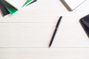 Office desk table with supplies. Top view with copy space.