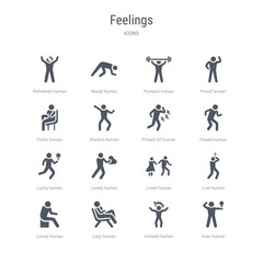 set of 16 vector icons such as inspi human, irritated human, lazy human, lonely lost loved lovely lucky from feelings concept. can be used for web, logo, ui\u002fux