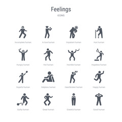 set of 16 vector icons such as good human, grateful human, great human, guilty happy heartbroken helpless hopeful from feelings concept. can be used for web, logo, ui\u002fux