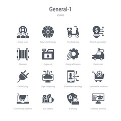 set of 16 vector icons such as distance learning, e-privacy, eco battery, ecommerce platform, ecommerce solutions, ecommerce strategy, edge computing, electric plug from general-1 concept. can be