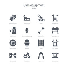set of 16 vector icons such as bench press, hand grip, kettlebells, gym gloves, pull up bar, trellis, barrels, medicine ball from gym equipment concept. can be used for web, logo, ui\u002fux