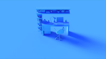 Blue Contemporary Cosy Home Office Setup with Bookshelf Plants Laptop Lamp an Speakers 3d illustration 3d rendering