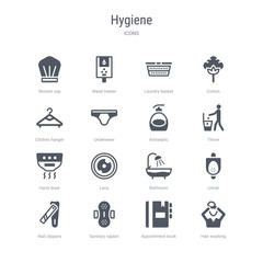 set of 16 vector icons such as hair washing, appointment book, sanitary napkin, nail clippers, urinal, bathroom, lens, hand dryer from hygiene concept. can be used for web, logo, ui\u002fux