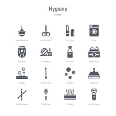 set of 16 vector icons such as electric razor, tissues, toilet brush, cotton swabs, extractor, bubbles, cotton swab, bubble from hygiene concept. can be used for web, logo, ui\u002fux