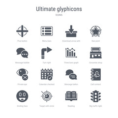 set of 16 vector icons such as big traffic light, reading, target with circle, smiling face, call contact, message ballon, calendar checked, private eye from ultimate glyphicons concept. can be used