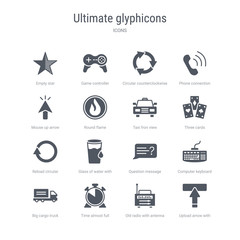 set of 16 vector icons such as upload arrow with bar, old radio with antenna, time almost full, big cargo truck, computer keyboard, question message, glass of water with drop, reload circular arrow