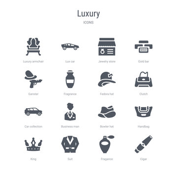 set of 16 vector icons such as cigar, fragance, suit, king, handbag, bowler hat, business man, car collection from luxury concept. can be used for web, logo, ui\u002fux