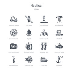 set of 16 vector icons such as double bait, cruise ship, fish facing right, fish shaped bait, submarine facing right, double air tank, compass inclined, water resist camera from nautical concept.