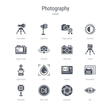 set of 16 vector icons such as eye, exposure, play video, spotlight, resolution, aspect, blur, light meter from photography concept. can be used for web, logo, ui\u002fux