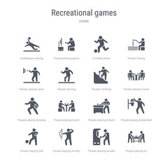 set of 16 vector icons such as people playing air hockey, people playing arcade game, people playing archery, ball, basketball, billiard, board games, bowling from recreational games concept. can be
