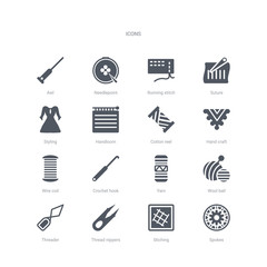 set of 16 vector icons such as spokes, stiching, thread nippers, threader, wool ball, yarn, crochet hook, wire coil from sew concept. can be used for web, logo, ui\u002fux