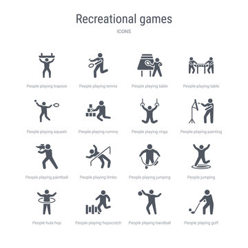 set of 16 vector icons such as people playing golf, people playing handball, people playing hopscotch, hula hop, jumping, jumping rope, limbo, paintball from recreational games concept. can be used