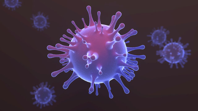 Blue virus particle floating on dark background. 3d illustration