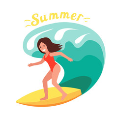 Girl surfer rides the waves. Vector concept design of a summer holidays by the ocean.