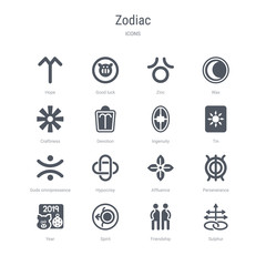 set of 16 vector icons such as sulphur, friendship, spirit, year, perseverance, affluence, hypocrisy, gods omnipressence from zodiac concept. can be used for web, logo, ui\u002fux
