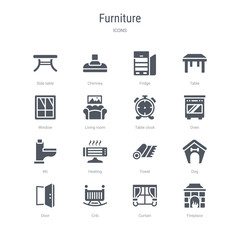 set of 16 vector icons such as fireplace, curtain, crib, door, dog, towel, heating, wc from furniture concept. can be used for web, logo, ui\u002fux
