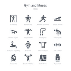 set of 16 vector icons such as phytonutrients, mat for fitness, barbell weightlifting, exercise bike, little dumbbell, barbell bench press, sport watch, bench press weightlifting from gym and
