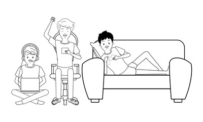 Millennial people gaming party black and white