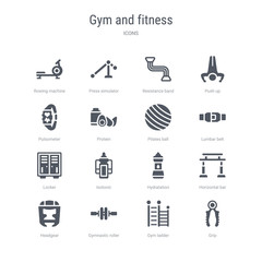 Fototapeta premium set of 16 vector icons such as grip, gym ladder, gymnastic roller, headgear, horizontal bar, hydratation, isotonic, locker from gym and fitness concept. can be used for web, logo, ui\u002fux